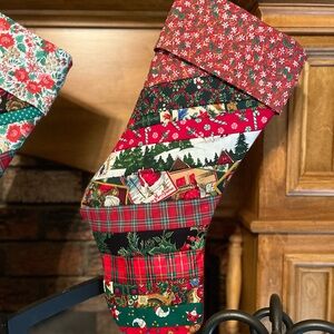 Handmade strip quilt Christmas stocking